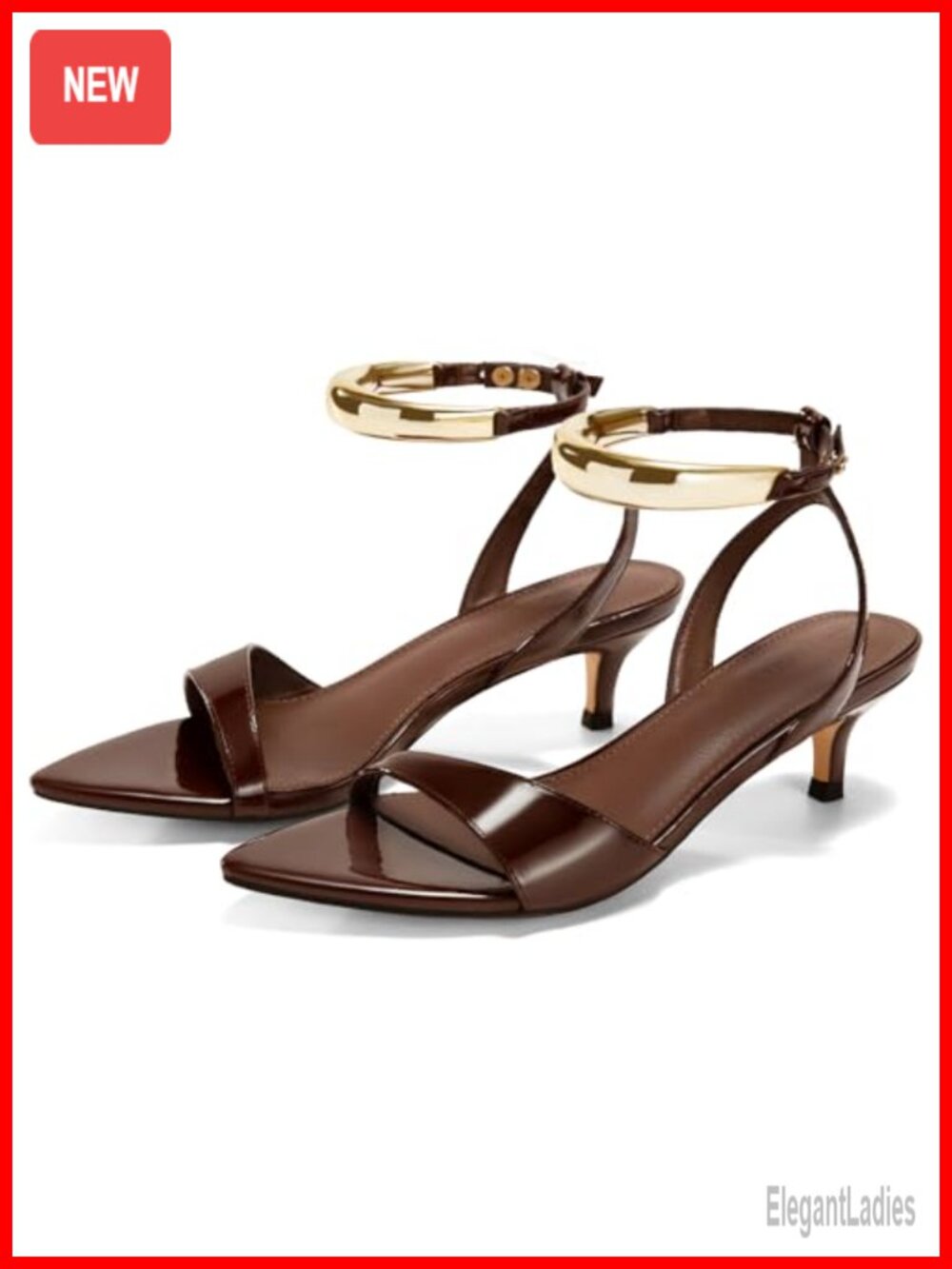 Coutgo Womens Low Kitten Heels Sandals Strappy Pointed Open Toe One Strap Metal